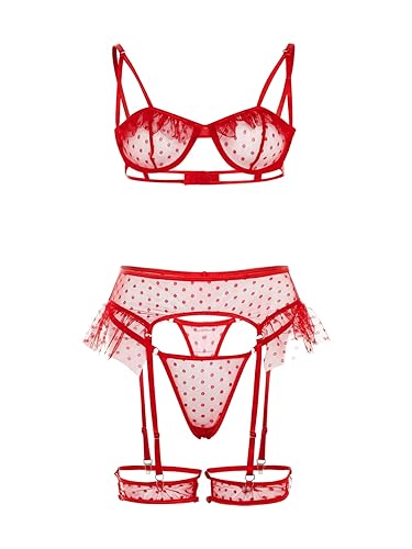 SOLY HUX Women's Valentines Sexy Mesh Lingerie Set Lace Teddy Strap Babydoll Bodysuit with Garter Belts - XX-Large - Red Print