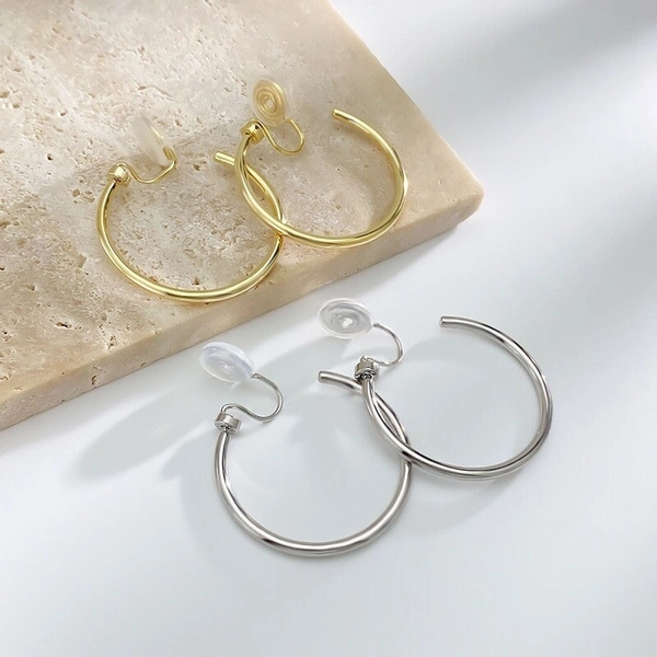 Clip-on Hoop Earrings Silver OR Gold, Coil Pad Pain Free Design Hoop Earrings for Non Pierced Ears, Gift for Her, Gift for Mom