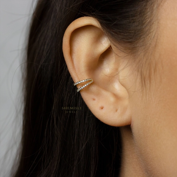 Double Lined CZ Ear Conch Cuff, Earring No Piercing is Needed, Gold, Silver SHEMISLI - SF024
