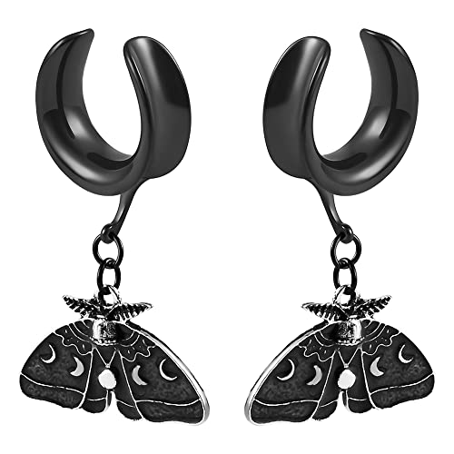 DOEARKO 2PCS Ear Gauges Black Butterfly Dangle Saddle Ear Plugs Body Piercing Tunnels 316L Stainless Steel Hypoallergenic Earrings Plugs for Ears Expander Body Jewelry - 10mm(00G) - Black