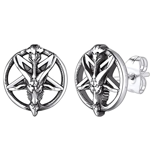 FaithHeart Satan Baphomet Goat Skull Head Stud Earrings for Men Women Punk Stainless Steel Ear Studs with Gift Packaging - Baphomet Goat-Silver