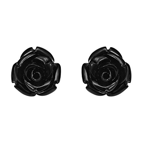 AeraVida Trendy and Stunning Goth Inspired Black Rose Carved Resin on .925 Sterling Silver Studs Floral Earrings