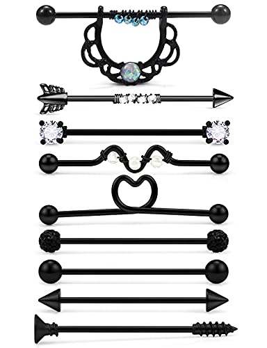 Prjndjw Industrial Earrings For Women Surgical Stainless Steel 14g Industrial Piercing Jewelry Chain Dangle Industrial Barbell Piercing Kit Cartilage Piercing Jewelry,Silver,Black,Rainbow,Rose Gold - 2#-38mm-9pcs