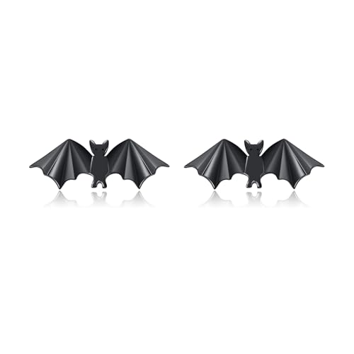 SA SILVERAGE Halloween Bat Earrings 925 Sterling Silver Halloween Party Mens Earring Black Cool Trendy Animal Studs Jewelry Gothic Cartilage Ear Rings - Black Bat