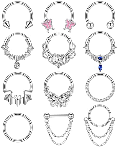 ONESING 12 Pcs Septum Rings 16G Septum Jewelry Surgical Steel Septum Piercing Jewelry CZ Butterfly Dangle Daith Cartilage Helix Horseshoe Nose Hoop Lip Rings Silver Septum Rings for Women