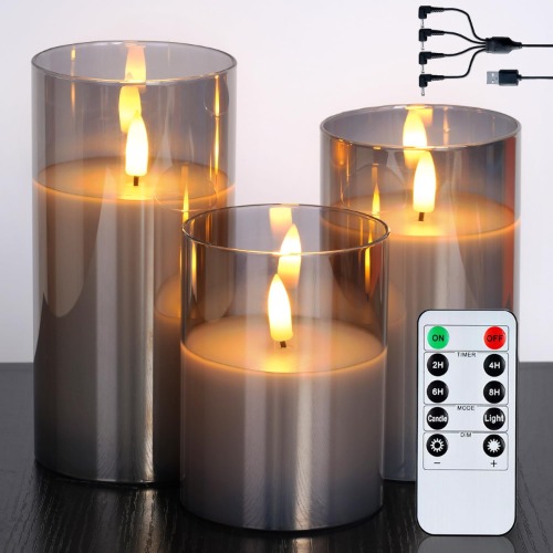 Clear Glass Flameless Candles Battery Operated with Timer, Remote Control, LED Pillar Candles Battery Powered, D3 H4 5" 6", Set of 3 (Grey+Rechargeable) - Grey+Rechargeable