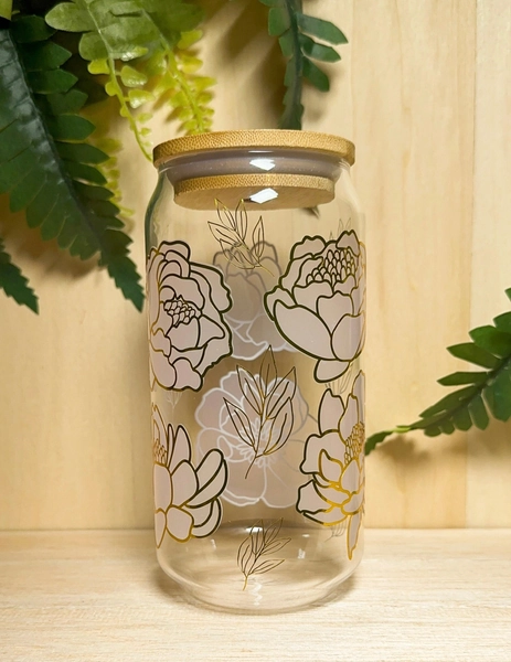 Peonies Glass Cup | Color Changing | Iced Coffee | Beer Can Glass | Reusable Floral Cup | Gifts for Her | Libbey Glass