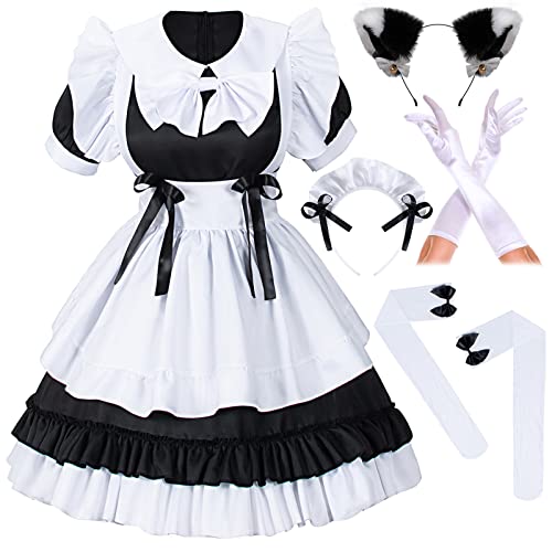 Irtysh Girl Sweet Kawaii Costume Dress Anime French Maid Cosplay Furry Cat Ear Gloves Socks set - 3X-Large - Black-white