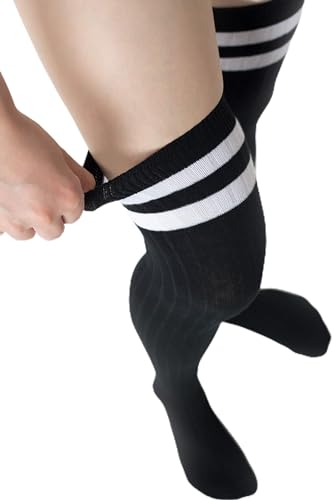 SERICI Thigh-High Socks | Womens Striped Cotton Thigh High Tube Sock | Over Knee Boot Socks - 5-11 - Black With White Stripes | Single Pack