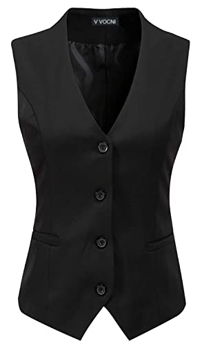 V VOCNI Women's Fully Lined 4 Button V-Neck Economy Dressy Suit Vest Waistcoat - Large - Black