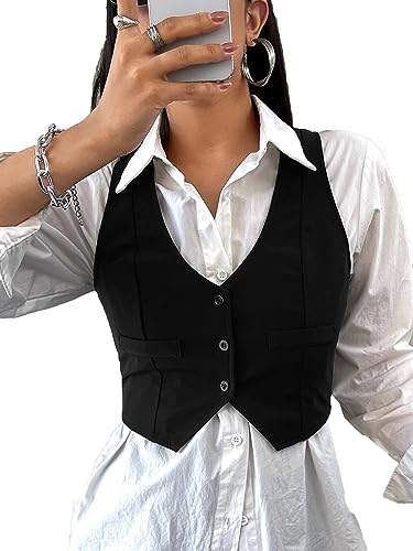 SweatyRocks Women's Solid Button Front Crop Waistcoat V Neck Sleeveless Blazers - Large - Black