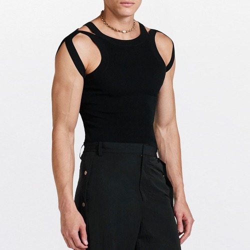 Black Sleeveless Knitted Tank Top - Black / XL