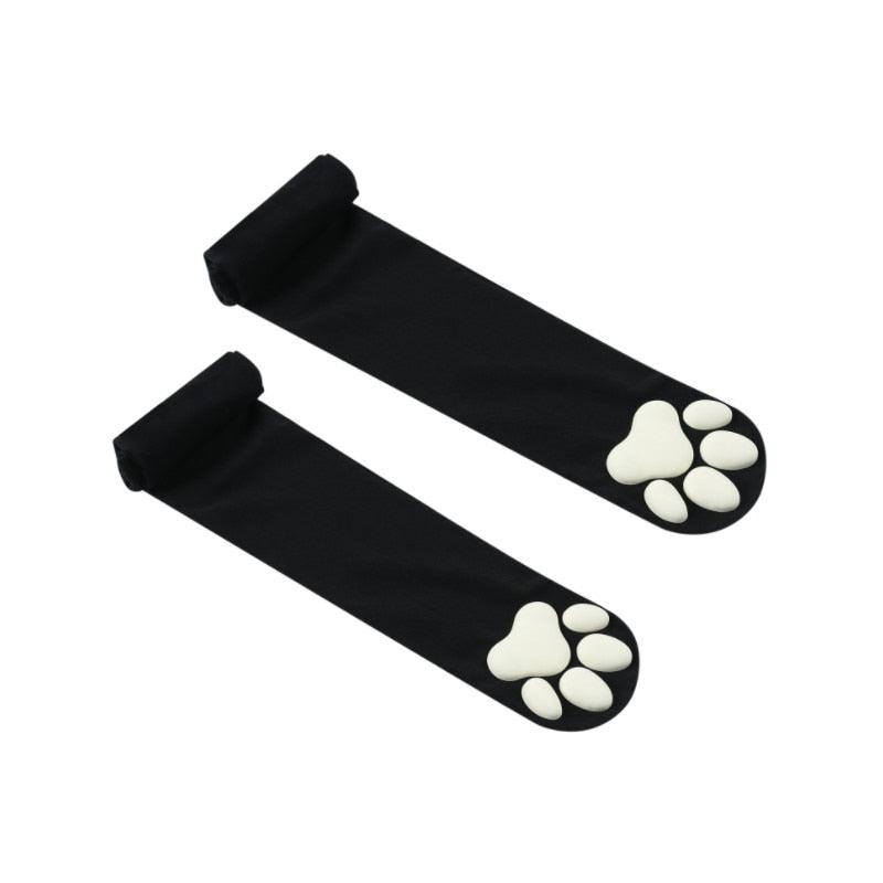 Cat Paw Thigh High Socks - Black w/ White Pads