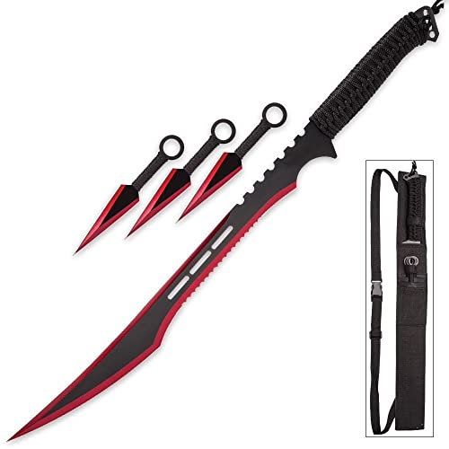 Snake Eye Tactical Ninja Sword and Kunai/Throwing Knife Set with Sheath (BLACK/RED) - BLACK/RED