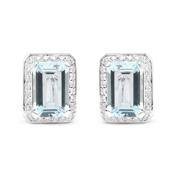 18K White Gold 3/4 Cttw Round Diamond and 13x9mm Emerald Cut Blue Aquamarine Gemstone Halo Omega Stud Earrings (G-H Color, SI1-SI2 Clarity)