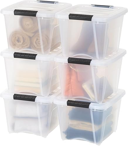 IRIS USA 18 L Plastic Storage Bin with Durable Lid and Secure Latching Buckles, 6-Count, Stackable and Nestable Organizer Tote Box, Clear - Clear - 18 L - 6 Pack