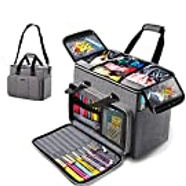 Knitting Bag, Large Yarn Storage Organizer, Crochet Bags and Totes, Yarn Bags for Crocheting, Yarn Holder Case for Knitting Needles, Crochet Hooks, Knitting Accessories, Unfinished Project, Grey.