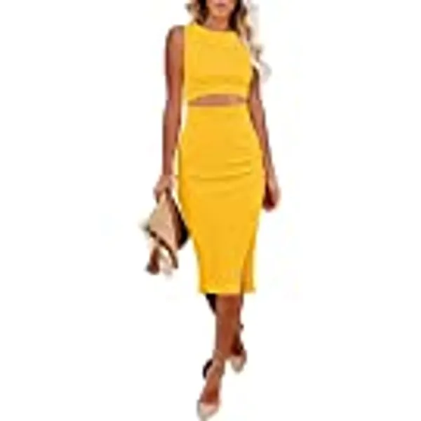 Pink Queen Women's Crew Neck Sleeveless Cutout Side Slit Knee Length Bodycon Midi Dress