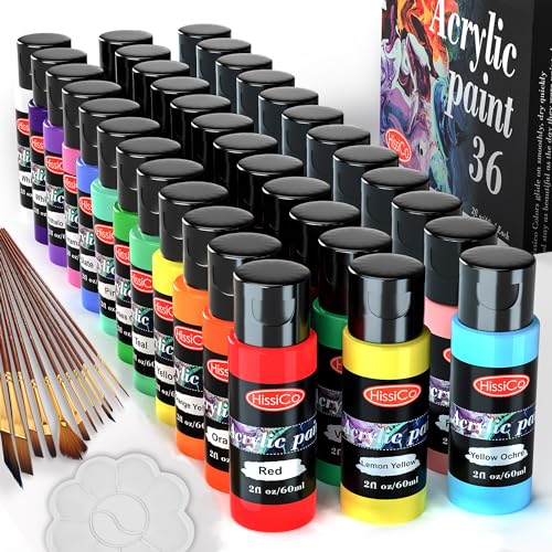 Acrylic Paint Set of 36 Colors 2fl oz 60ml Bottles,Non Toxic 36 Colors Acrylic Paint No Fading Rich Pigment for Kids Adults Artists Canvas Crafts Wood Painting - 36 Colors Acrylic Paint 2 fl oz/60 ml