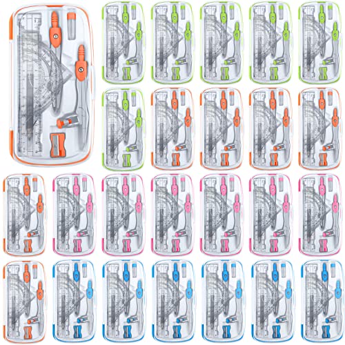 Teling 24 Sets Math Geometry Kit 10 Pcs Compass for Geometry Set Includes Rulers Protractor Compass Eraser Pencil Sharpener Lead Refills Pencil for School Student Drawings Math Supplies(Multi Color) - Multi Color