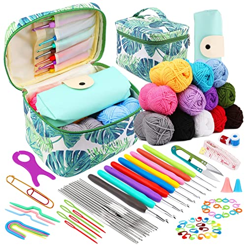 Nitlak 87 Pcs Crochet Kit for Beginners, Crochet Starter Kit, Crochet Needles Set with 12 Yarn Balls Plastic Sewing Needles Stitch Marker Storage Bag Knitting Accessories for Adults Beginner Craft - A02