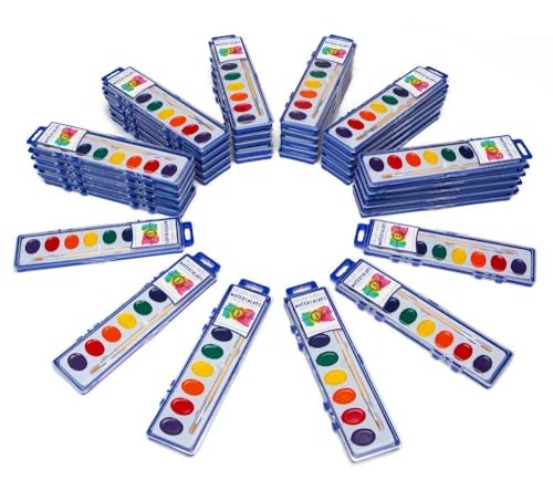 Color Swell Bulk Watercolors Paint Pack with Wood Brushes - 36 Sets with 8 Washable Colors Each - Perfect for Kids, Classrooms, Parties, Students, Donations, Party Favors, All Ages