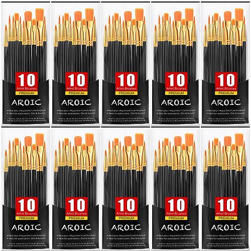 AROIC Paint Brushes, 10 Pack 100 Pcs Acrylic Paint Brushes Artist Paint Brushes for Oil Watercolor Acrylic Face Rock Painting（Black） - Black - 100