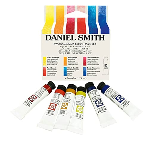 DANIEL SMITH 285610005 Extra Fine Essentials Introductory Watercolor, 6 Tubes, 5ml, Blue/Transparent/Yellow, 0.17 Fl Oz (Pack of 6) - Essentials Introductory Pack - Watercolor Set