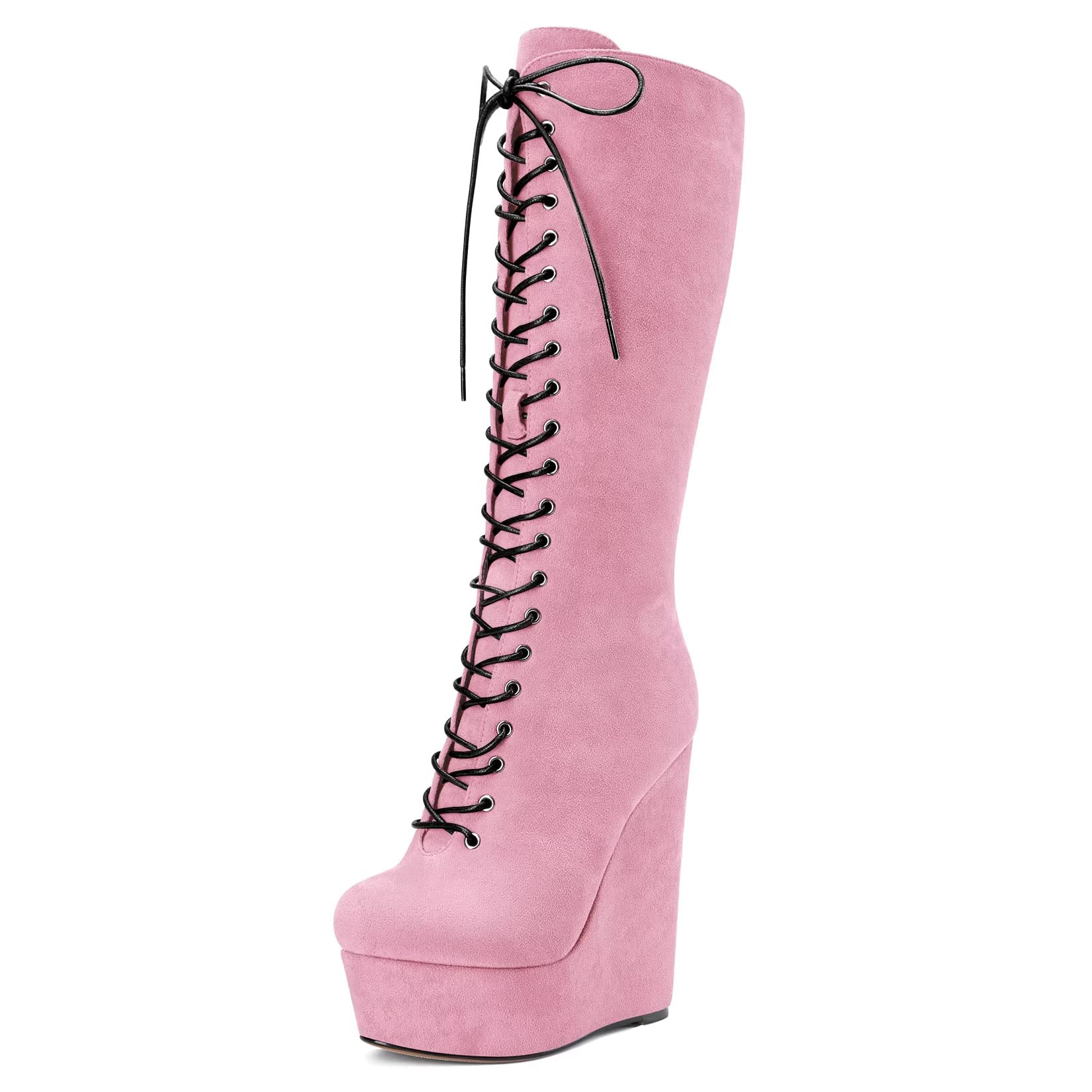 Castamere Women Wedge High Heel Close Round Toe Mid Calf Lace-up Zipper Classic Boots - 8.5 Pink