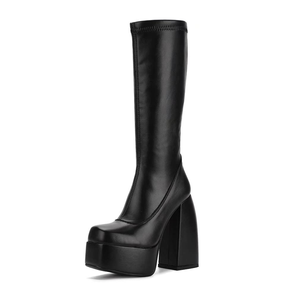 Womens Mid Calf Knee High Boots High Heel Round-Toe Side Zipper Punk Style Shoes Combat Boots For Women - 8.5 Black