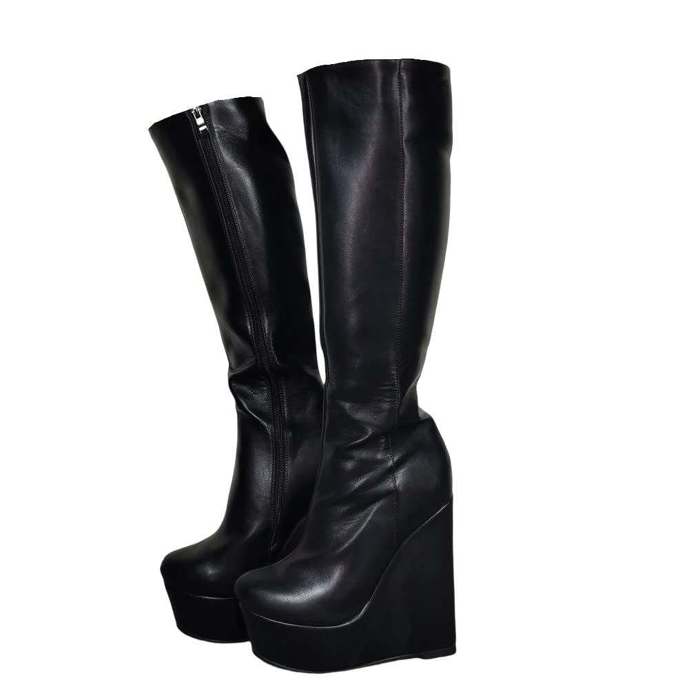 Frankie Hsu Fashion Designer Modern Sexy Women Men Big Large Size Black Wedge Platform Heels Knee High Heel Wide Calf Tall Long Boots For Women US5-14 - 9 Black