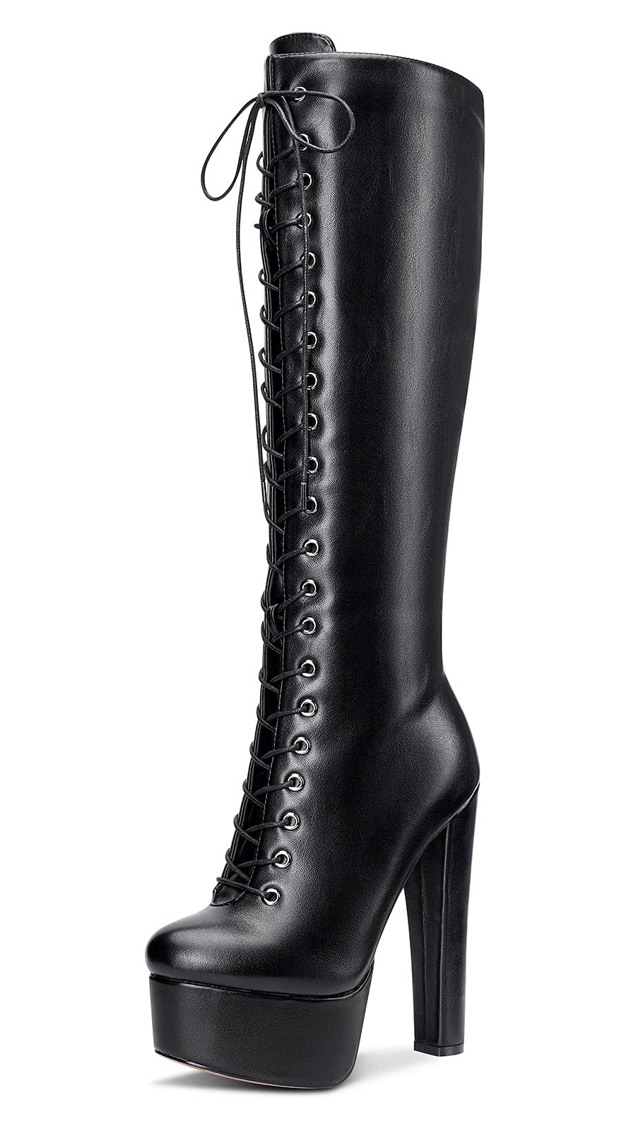 Castamere Womens High Heel Platform Lace Up Boots Chunky Heel Mid-Calf Boot with Zipper Round Toe 6 Inch Heels - 9 Black Matte