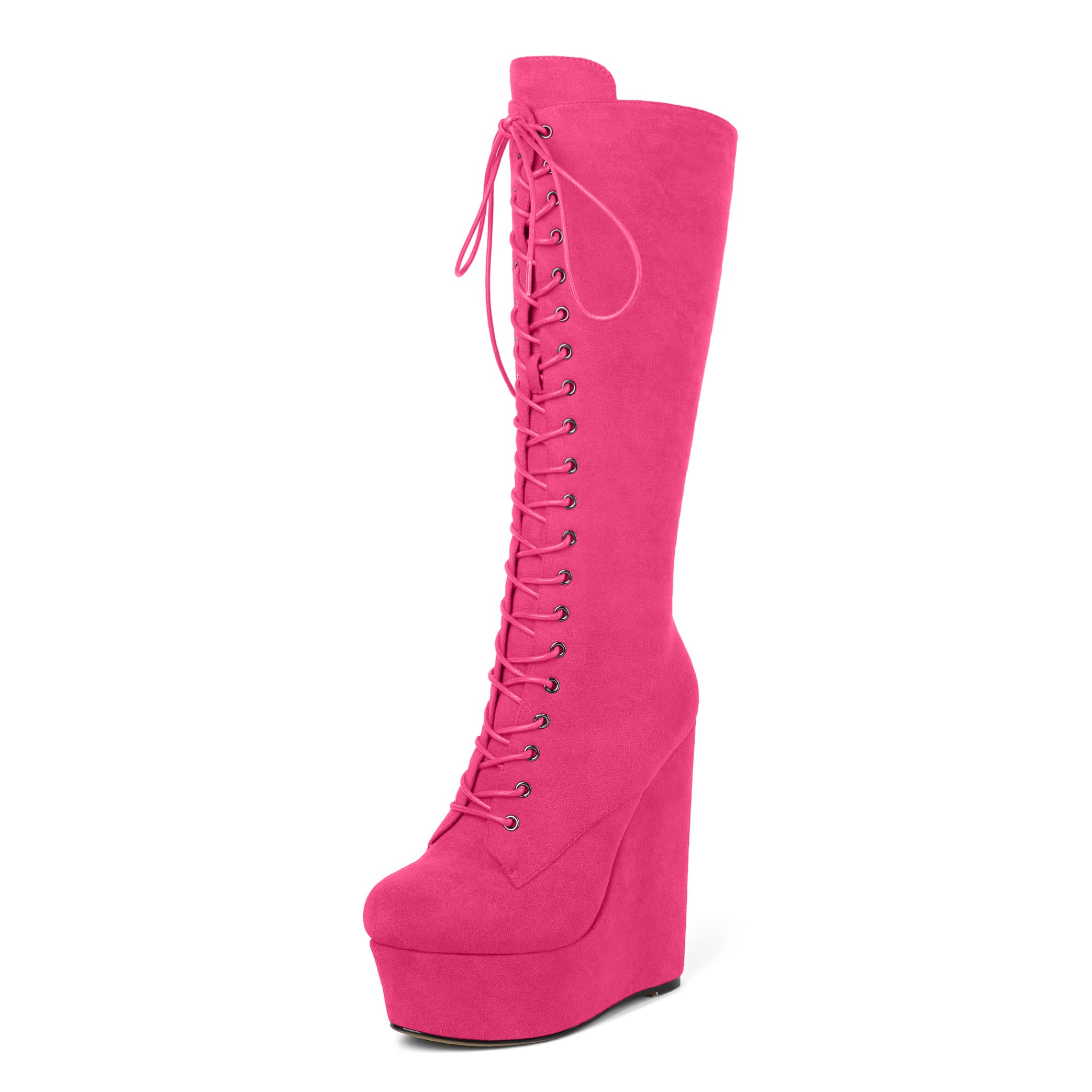 Soireelady Women's Knee High Boots High Wedge Booties Platform Lace Up Boots Round Toe High Heels Boots with Size Zipper - 8.5 Suede Hot-pink
