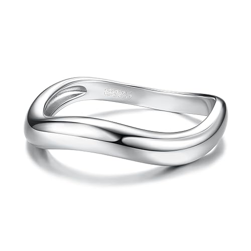 MILACOLATO 925 Sterling Silver Rings for Women 14K Gold Plated Wavy Stackable Ring for Women, Twisted Wave Band Rings, Silver/Gold Eternity Rings for Women Wedding Promise Ring With Box - Silver - 6