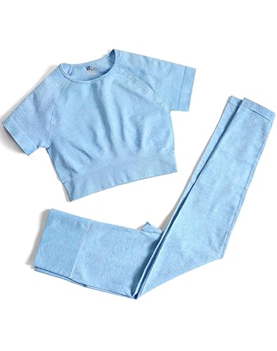 PINKSAVIOR Workout Sets for Women Two Piece Outfits Seamless High Waist Leggings Yoga Crop Tops Athletic Sports Gym Sets - A_light Blue - Small