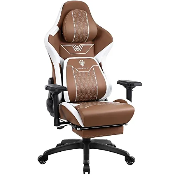 Dowinx Big and Tall Gaming Chair with Footrest, High Back Ergonomic Office Chair with Comfortable Headrest and Lumbar Support, 4D Armrests Computer Chair for Adults, Pu Leather, Brown