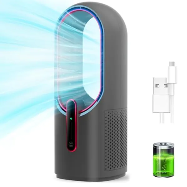 Misby Desk Fan, 11.8 Inch Rechargeable Battery Operated Fan, 3 Speeds Table Fan, Strong Airflow Bladeless Fan, Touch Control, Quiet Cooling Fans for Bedroom, Home, Office, Grey