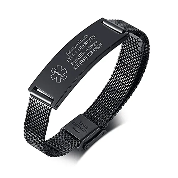 MEALGUET Custom Engraving-Stainless Steel Mesh Wristband Medical Alert ID Bracelets for Men Women, Men's Medical ID Bracelet