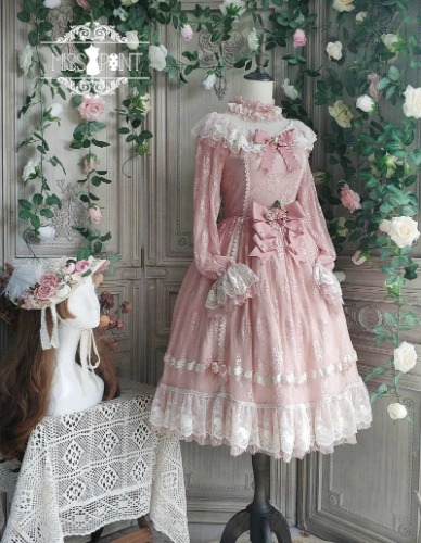 Miss Point~Dawn Girl~Reto Elegant lolita OP Dress Lace Long Sleeve | L / Dusty pink