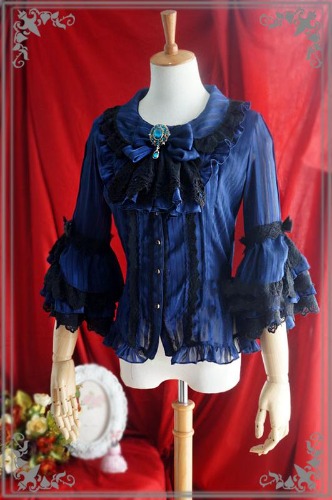 Strawberry Witch~Flower Wedding White Dark Blue Blouse | L / dark blue (brooch on the collar is random sent)