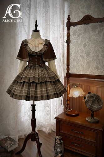 (BFM)Alice Girl~Academy Lolita Dress Detective School Melod Cape and JSK | L / brown (cape+JSK)