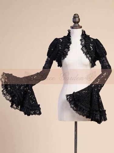 (BFM)Vintage Lolita Bolero French Court Embroidered Lace Top | L / Black