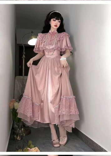 (BFM)Dingqiqi~Vintage Lolita Dress Court Style Lolita OP | L / Pink lace dress