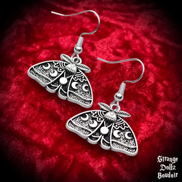 Lunar Moth earrings, 925 sterling silver, Moonphase Celestial Witchy Gothic, Strange Dollz Boudoir
