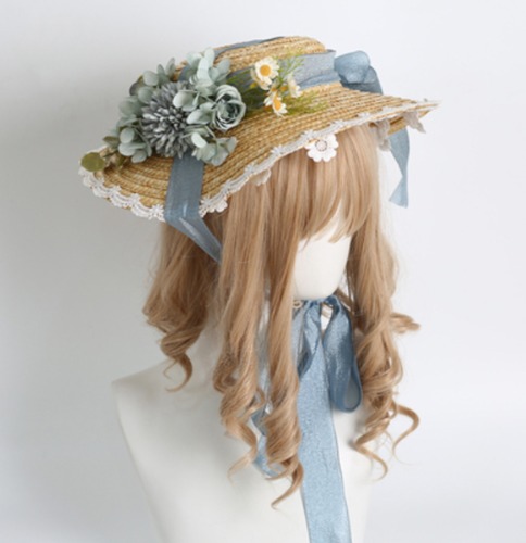 Xiaogui~Elegant Lolita Flower Bow Lace Sunhat | haze blue