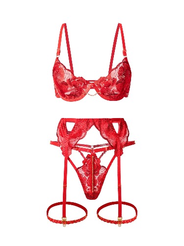Luxurious Fancy Embroidered Sexy Lingerie Set | RED / S