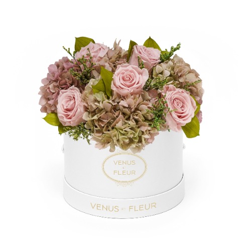 Small Round Roses & Hydrangeas | White Classic / Morning Fog