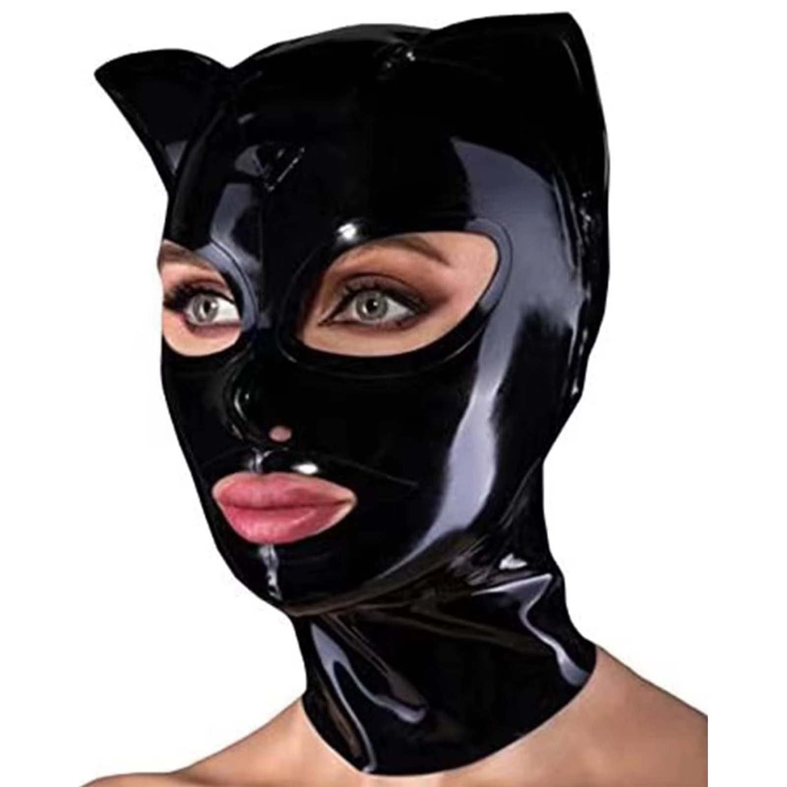 Schwarze Latexhaube mit Katzenohren, Reißverschluss hinten, offene Augen, Mund, Gummimaske, Clubkleidung, Cosplay-Kostüm-Requisiten - AliExpress 15