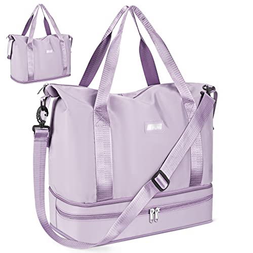 CS COSDDI Travel Duffel Bag, 29L Weekend Bag with Trolley Sleeve, Dry & Wet Seperated Sports Gym Bag Waterproof Bag Carry On Bag for Women Men Weekender Tote Bag Hospital Bag Cabin Bag - #04 Purple