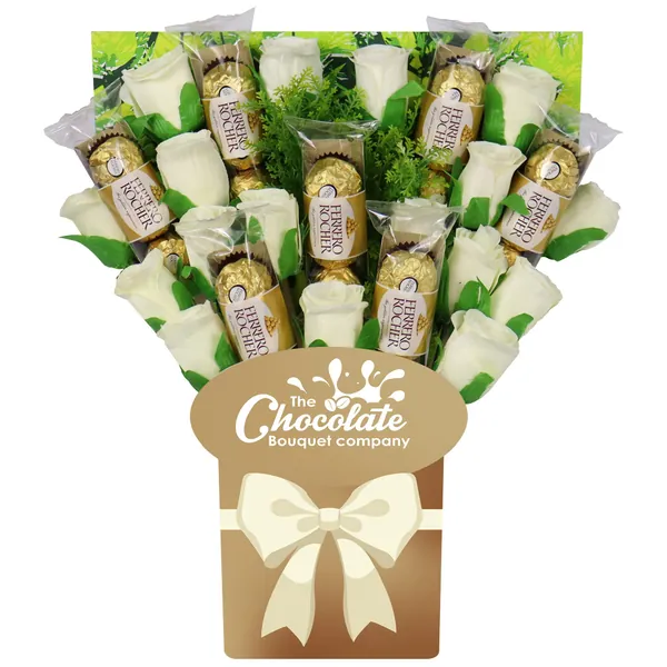 Chocolate Bouquet Company | Ferrero Rocher All Occasions Chocolate Large Gift Hamper Box | with Ivory Silk Roses | 21 Truffles (Deluxe, Gold) (Classic, Gold)